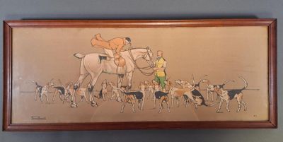 tableau représentant un homme à cheval accompagné d'une meute de chiens