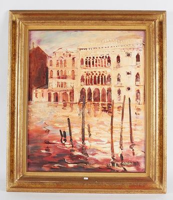 une peinture à l'huile représentant une scène d'un canal de Venise avec des gondoles au premier plan