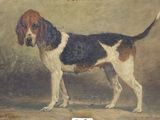 painting of a dog standing in front of a wall with a quote on it