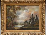 un tableau représentant un paysage fluvial avec un château au loin