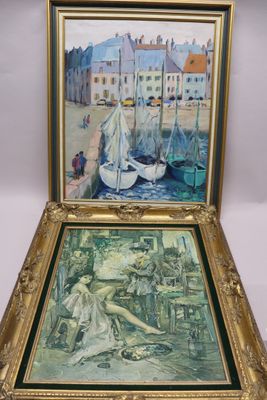 painting of a woman in a boat on a dock with a man in a boat in the background