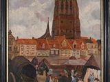 an oil painting of a city scene with a church in the background