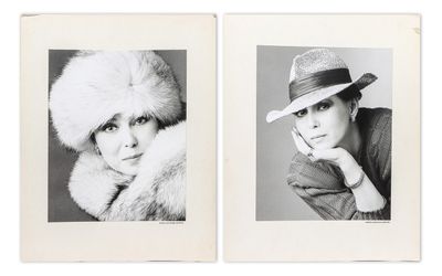 two black and white photographs of a woman in a hat and fur coat