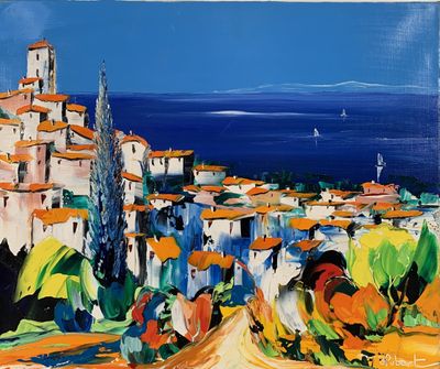 a painting of a painting of a village by the ocean