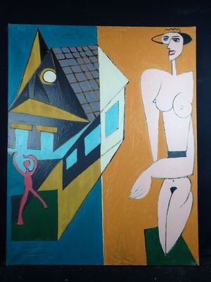 painting of a woman and a man standing in front of a house