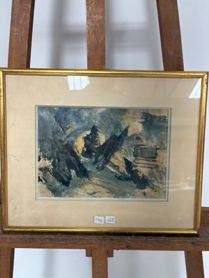 une image représentant un tableau posé sur un chevalet en bois, avec un mur blanc en arrière-plan