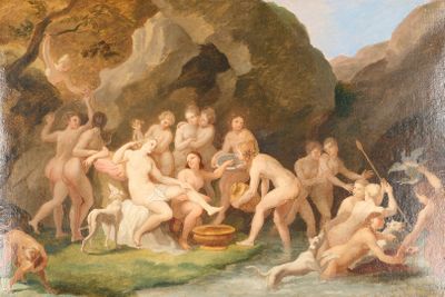 un tableau représentant un groupe de personnes nues dans un environnement boisé