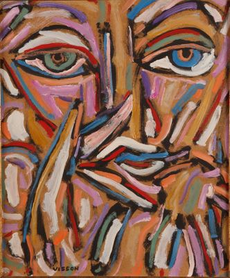 an abstract painting of a man ' s face with his hands on his face