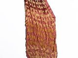 a red and gold neck tie hanging from a pole