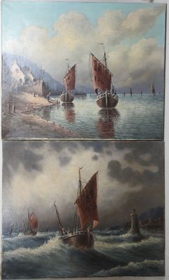 two paintings of boats in a body of water with mountains in the background