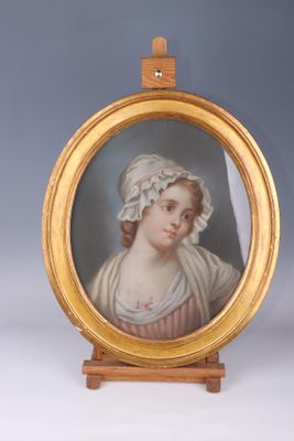 portrait of a young woman in a bonnet, painted in a gold frame