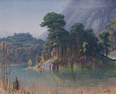 a painting of a lake with a mountain in the background