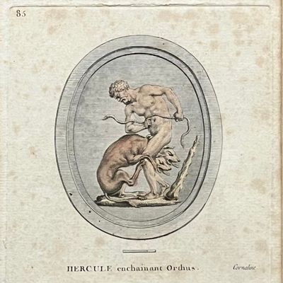 un dessin représentant un homme et un chien dans un cadre ovale