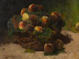 painting of a basket of peaches on a table next to a bottle of wine