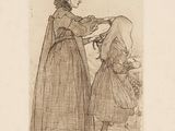 drawing of a woman and a child standing in front of a tree