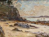 une peinture représentant une plage avec des rochers et un bateau dans l'eau