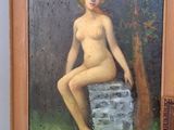 painting of a naked woman sitting on a box in a forest