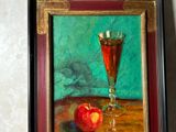 a painting of a glass of wine and an apple on a table