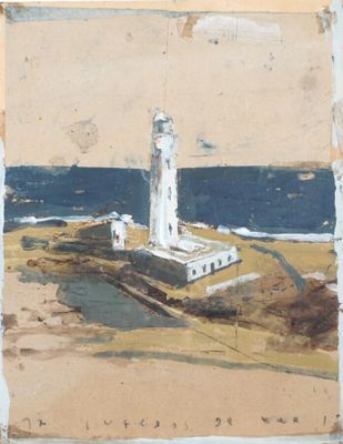 tableau représentant un phare sur une petite île, avec un plan d'eau en arrière-plan