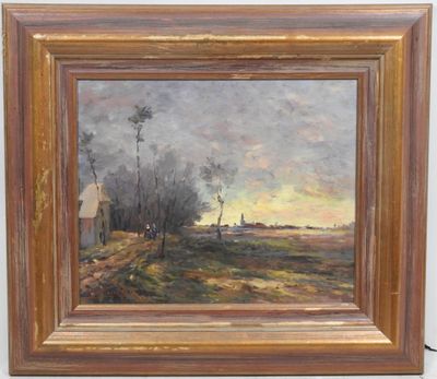 une peinture à l'huile d'un paysage avec une maison au loin