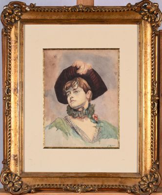 portrait of a woman in a hat with a flower in her hair