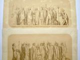 two antique prints of men and women standing in front of each other