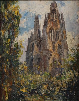 une peinture à l'huile représentant une église située dans un environnement boisé, avec des arbres