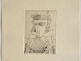 pencil drawing of a man sitting in a chair with a hat on his head
