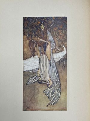 an old picture of a woman in a white dress standing in front of a tree