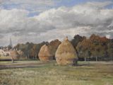 a painting of hay bales in a field with a church in the background