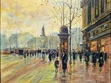 une peinture de personnes marchant dans la rue sous la pluie