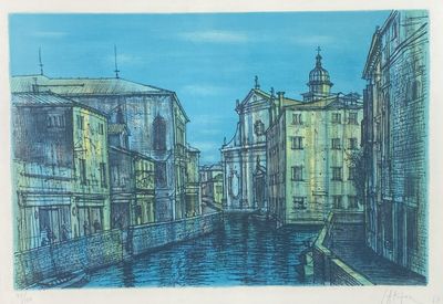 an image of a drawing of a canal with buildings in the background