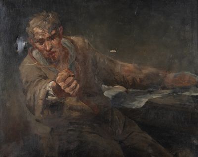 tableau représentant un vieil homme assis à une table, un bout de papier à la main