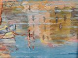 an oil painting of a river scene with ducks in the water and a building in the background