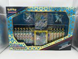 display of pokemon trading cards in a display case