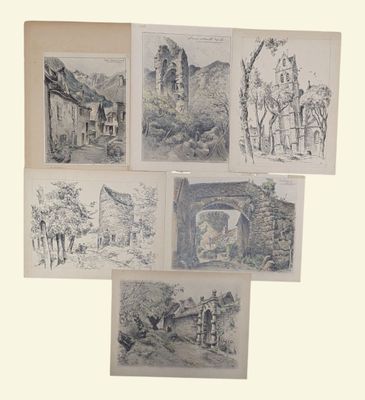 six drawings of old buildings and a gate are displayed on a wall