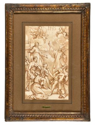 a drawing of a group of people sitting around a table