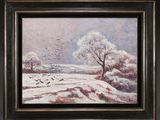une peinture à l'huile représentant un paysage enneigé avec une volée d'oiseaux