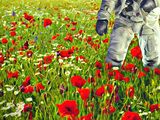 painting of an astronaut walking through a field of poppies