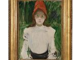 une peinture à l'huile représentant une jeune fille coiffée d'un chapeau rouge