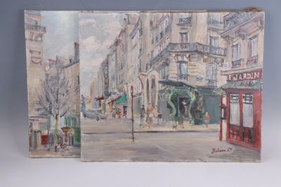 painting of a street scene with buildings and people walking on the sidewalk