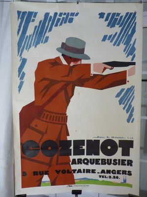une affiche représentant un homme tenant un pistolet à la main