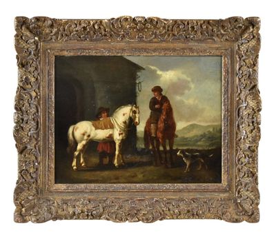 une image représentant un tableau où l'on voit un homme avec un cheval et un chien