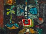 une image représentant un tableau sur lequel figure un vase contenant une plante