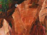 an oil painting of a rock formation with trees in the background