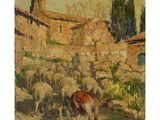 une image représentant un tableau où l'on voit un troupeau de moutons devant un village