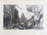 un dessin en noir et blanc représentant un homme dans une grotte