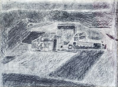 dessin au crayon représentant une ferme avec un tracteur et une grange
