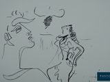 drawing of a man with a guitar on his shoulder and a woman on a horse