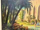 painting of a woman sitting on a bench in a garden